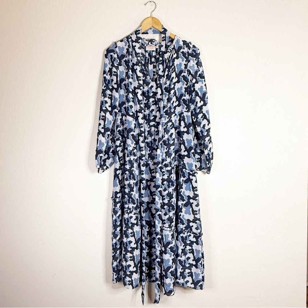 RUNGOLEE blue camo tiered ruffle tie waist midi silk dress EXTRA SMALL